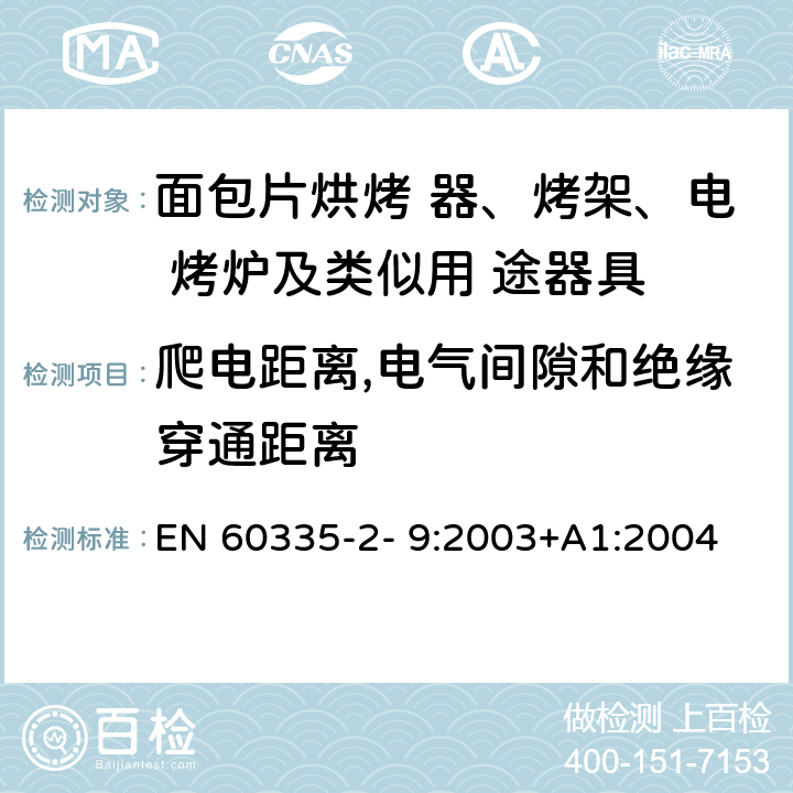 爬电距离,电气间隙和绝缘穿通距离 家用和类似用途电器的安全 烤架、面包片烘烤器及类 似便携式烹调器具的特殊要求 EN 60335-2- 9:2003+A1:2004 + A2:2006+A12:2007+A13:2010 29