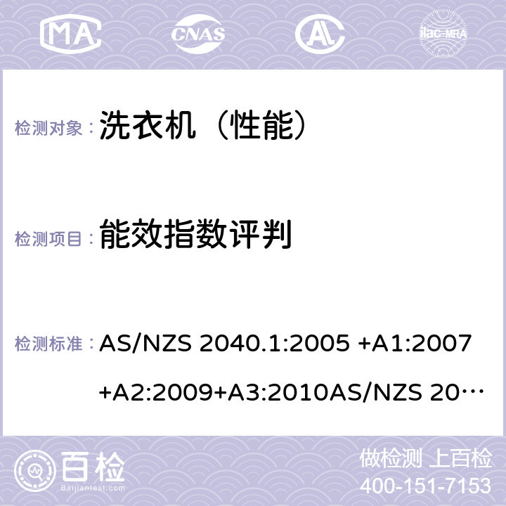 能效指数评判 家用洗衣机-性能测量方法第2部分：能源标签要求 AS/NZS 2040.1:2005 +A1:2007+A2:2009+A3:2010
AS/NZS 2040.2:2005+A1:2012