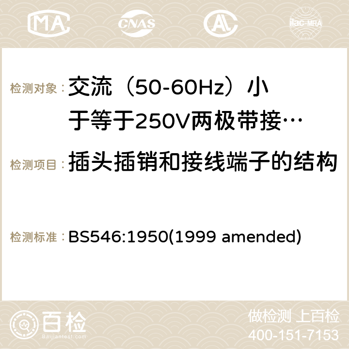 插头插销和接线端子的结构 交流（50-60Hz）小于等于250V两极带接地销插头、插座和插座适配器 BS546:1950(1999 amended) 16