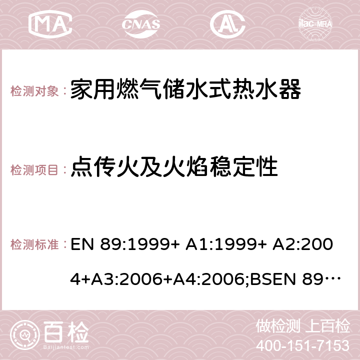 点传火及火焰稳定性 家用燃气储水式热水器 EN 89:1999+ A1:1999+ A2:2004+A3:2006+A4:2006;
BSEN 89:1999+ A1:1999+ A2:2004+A3:2006+A4:2006 7.7