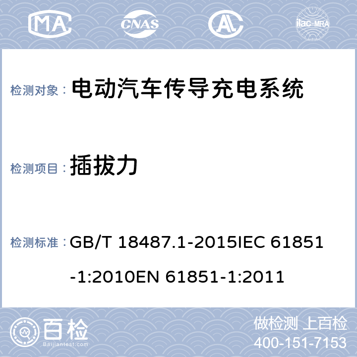 插拔力 电动汽车传导充电系统- 第一部分: 一般要求 GB/T 18487.1-2015
IEC 61851-1:2010
EN 61851-1:2011 9.5