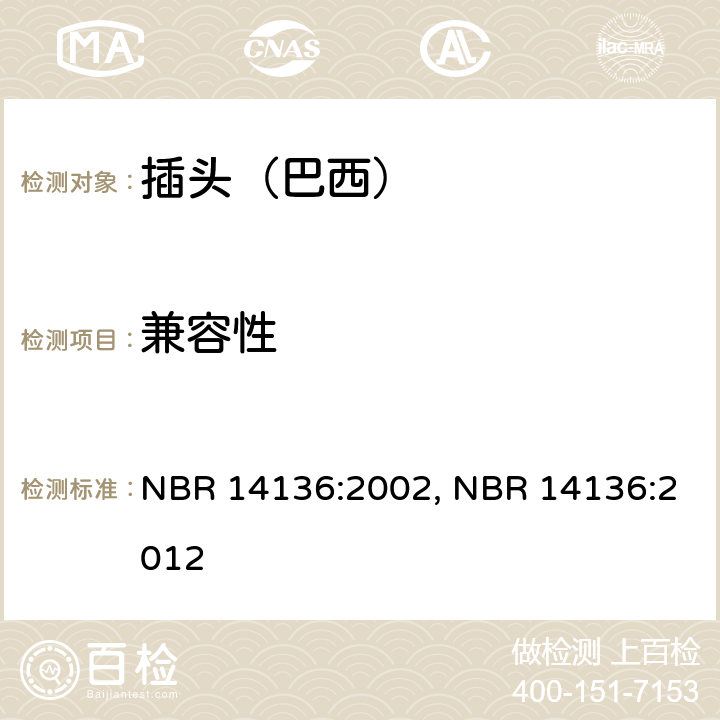 兼容性 NBR 14136:2002, NBR 14136:2012 家用和类似用途单相插头插座标准  3.2