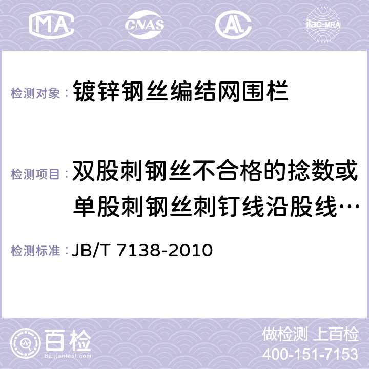 双股刺钢丝不合格的捻数或单股刺钢丝刺钉线沿股线窜动个数 JB/T 7138-2010 编结网围栏