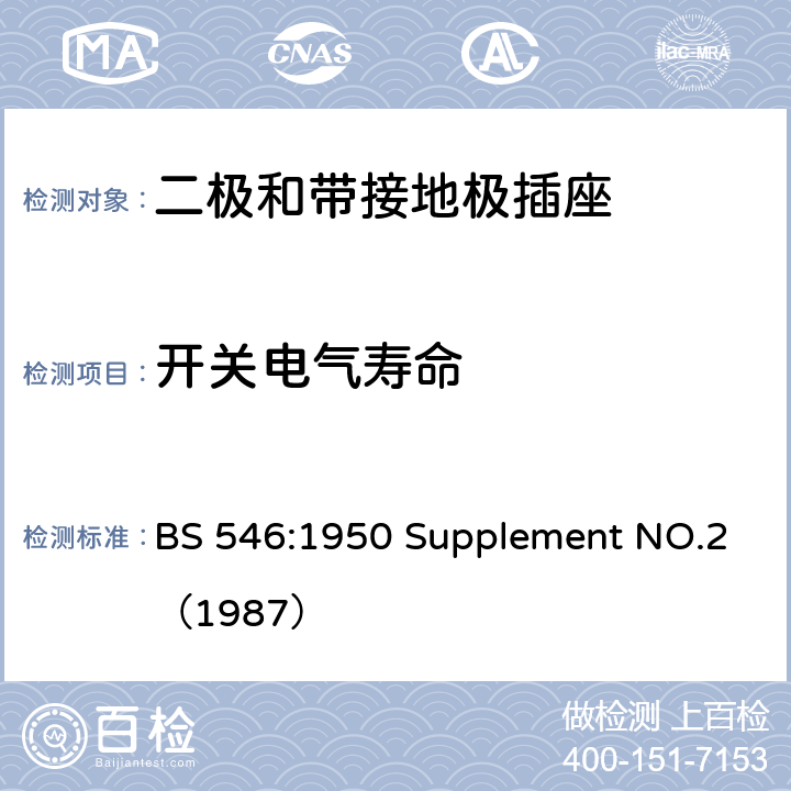 开关电气寿命 两极和接地插脚插头、插座和插座适配器规格 BS 546:1950 Supplement NO.2（1987） 8