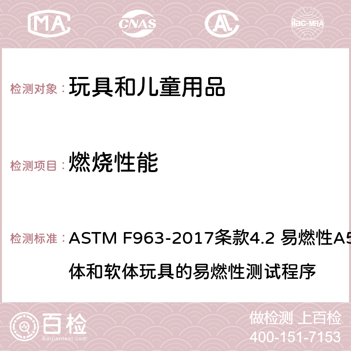 燃燒性能 標準消費者安全規范：玩具安全 ASTM F963-2017條款4.2 易燃性A5 硬體和軟體玩具的易燃性測試程序