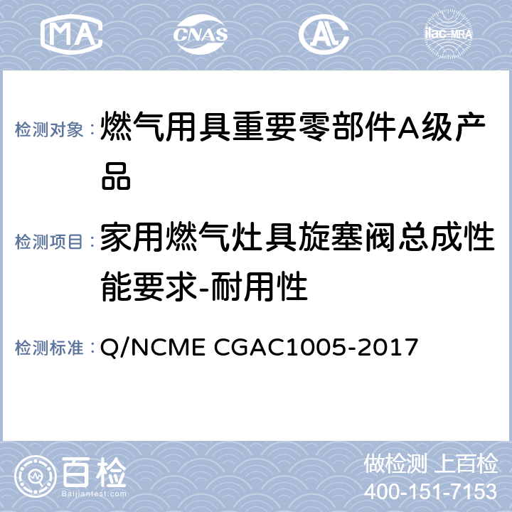 家用燃气灶具旋塞阀总成性能要求-耐用性 燃气用具重要零部件A级产品技术要求 Q/NCME CGAC1005-2017 4.5.6