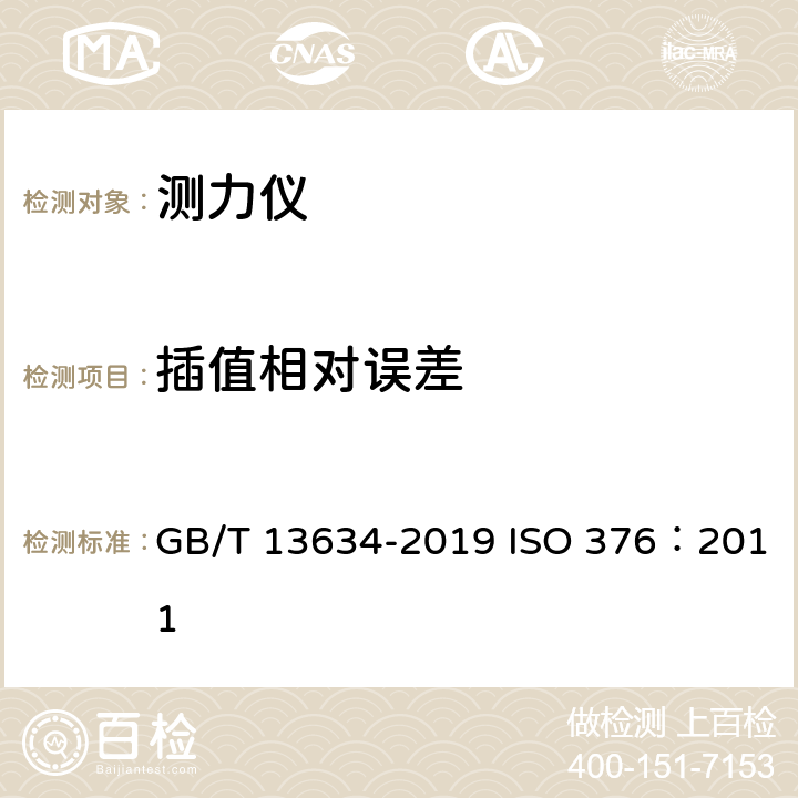 插值相对误差 单轴试验机检验用标准测力仪的校准 GB/T 13634-2019 ISO 376：2011 7.5.2