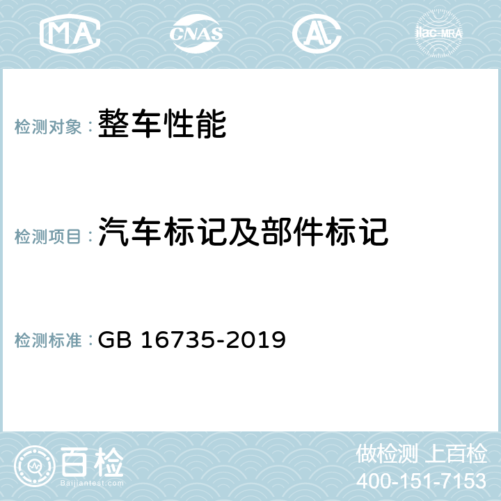 汽车标记及部件标记 GB 16735-2019 道路车辆 车辆识别代号（VIN）