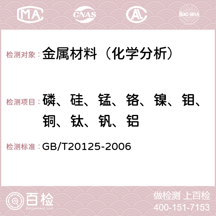 磷、硅、锰、铬、镍、钼、铜、钛、钒、铝 低合金钢多元素含量的测定电感耦合等离子体原子发射光谱法 GB/T20125-2006