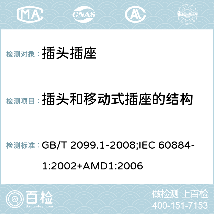 插頭和移動(dòng)式插座的結(jié)構(gòu) 家用和類似用途插頭插座 第1部分：通用要求 GB/T 2099.1-2008;IEC 60884-1:2002+AMD1:2006 14