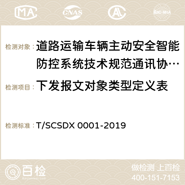 下发报文对象类型定义表 X 0001-2019 道路运输车辆主动安全智能防控系统技术规范第 3 部分：通讯协议（试行） T/SCSD 5.3.4