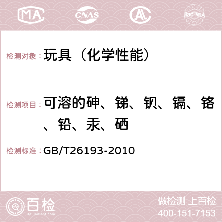 可溶的砷、锑、钡、镉、铬、铅、汞、硒 玩具材料中可迁移元素锑、砷、钡、镉、铬、铅、汞、硒的测定电感耦合等离子体质谱法 GB/T26193-2010