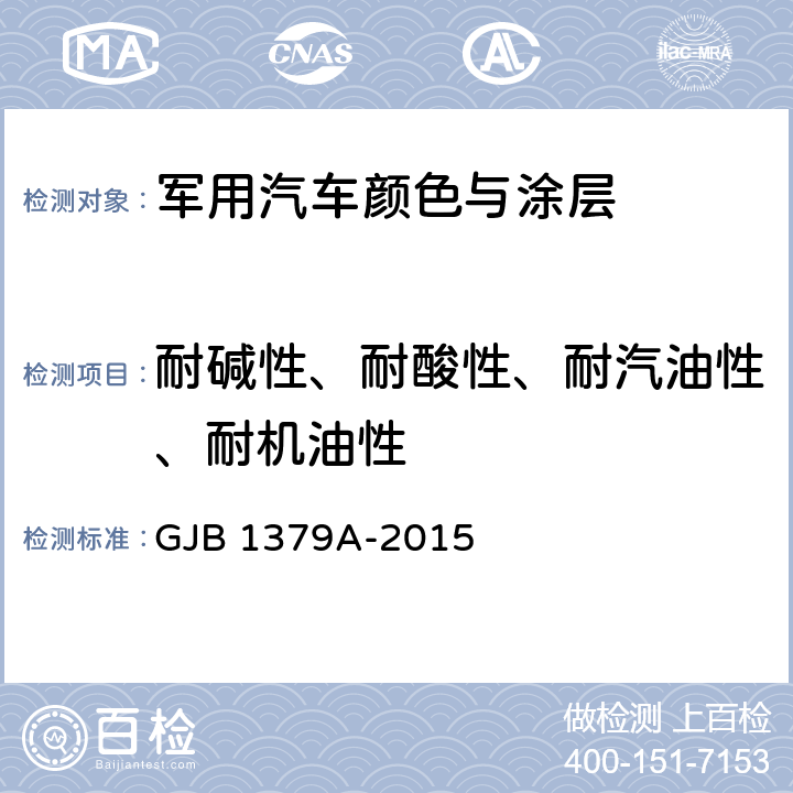 耐碱性、耐酸性、耐汽油性、耐机油性 军用汽车颜色与涂层 GJB 1379A-2015 4.15