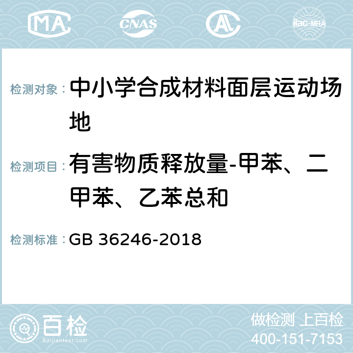 有害物质释放量-甲苯、二甲苯、乙苯总和 《中小学合成材料面层运动场地》 GB 36246-2018 附录I