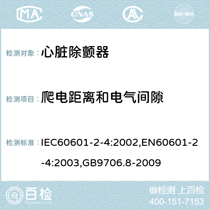 爬电距离和电气间隙 医用电气设备 第2-4部分：心脏除颤器安全专用要求 IEC60601-2-4:2002,EN60601-2-4:2003,GB9706.8-2009 57.10