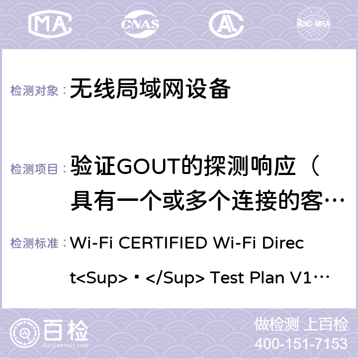 验证GOUT的探测响应（具有一个或多个连接的客户端） Wi-Fi联盟点对点直连互操作测试方法 Wi-Fi CERTIFIED Wi-Fi Direct<Sup>®</Sup> Test Plan V1.8 4.2.2