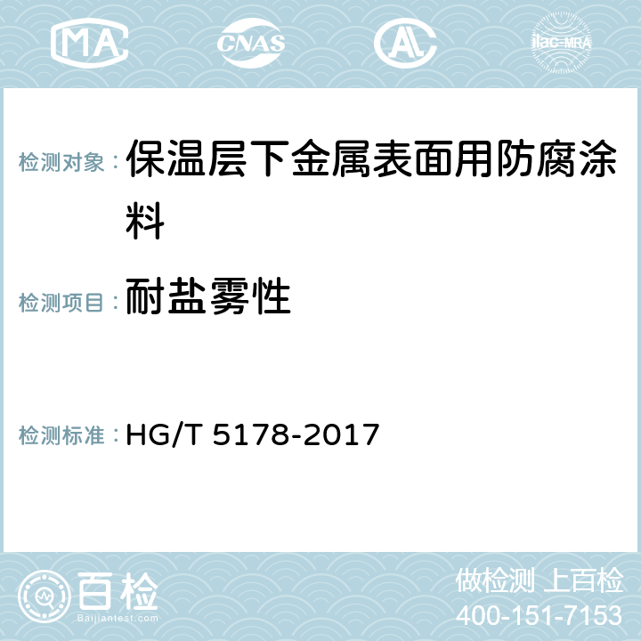 耐盐雾性 保温层下金属表面用防腐涂料 HG/T 5178-2017 4.4.1.6