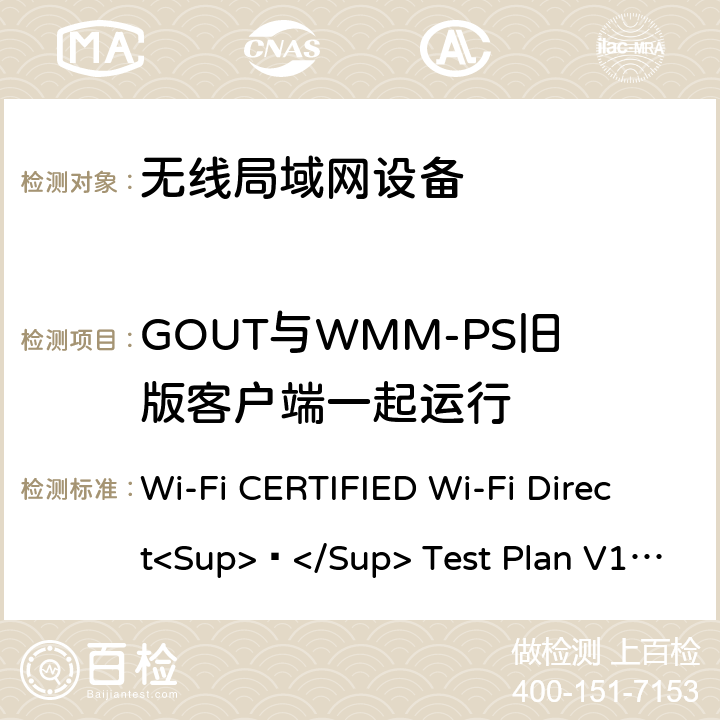 GOUT与WMM-PS旧版客户端一起运行 Wi-Fi CERTIFIED Wi-Fi Direct<Sup>®</Sup> Test Plan V1.8 Wi-Fi联盟点对点直连互操作测试方法  6.1.12