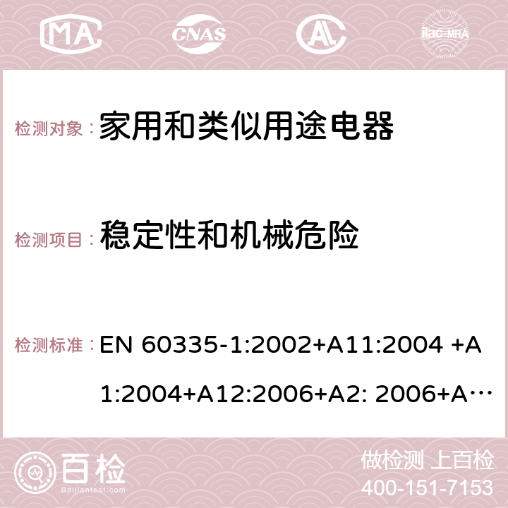 稳定性和机械危险 家用和类似用途电器的安全 第1部分：通用要求 EN 60335-1:2002+A11:2004 +A1:2004+A12:2006+A2: 2006+A13:2008+A14:2010+A15:2011, EN 60335-1:2012+A11:2014+A12:2017+A13:2017+A14:2019 20