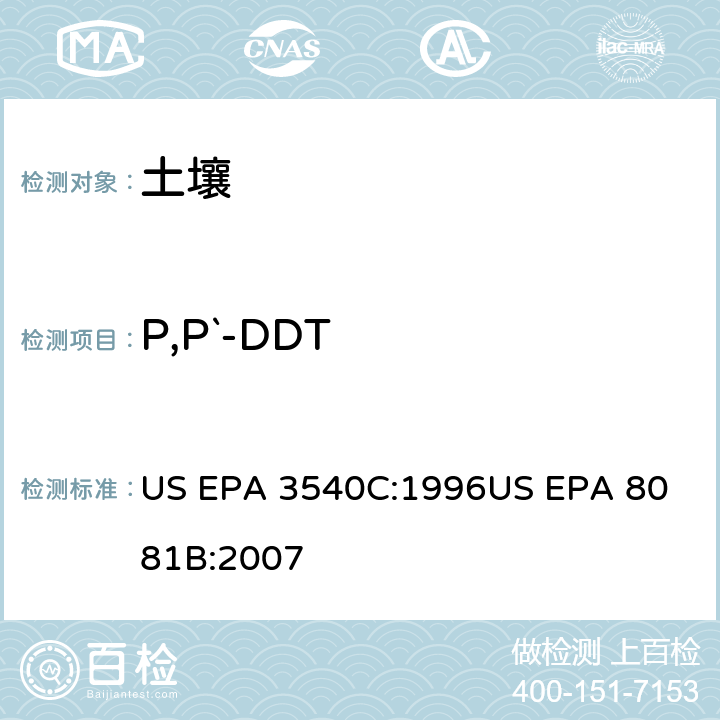 P,P`-DDT 气相色谱法测定有机氯农药 US EPA 3540C:1996
US EPA 8081B:2007