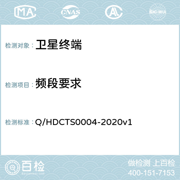频段要求 中国电信移动终端测试方法--非手持卫星终端分册 Q/HDCTS0004-2020v1 6.2.1