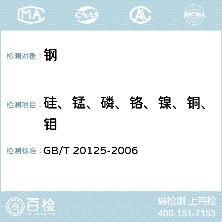 硅、锰、磷、铬、镍、铜、钼 低合金钢 多元素含量的测定 电感耦合等离子体原子发射光谱法 GB/T 20125-2006