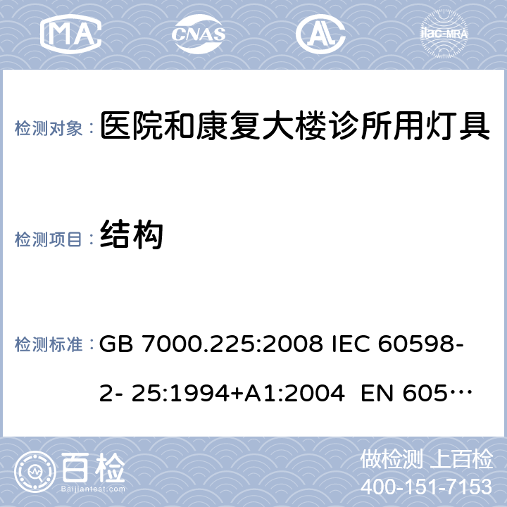 结构 灯具 第2-25部分：特殊要求 医院和康复大楼诊所用灯具 GB 7000.225:2008 IEC 60598-2- 25:1994+A1:2004 EN 60598-2- 25:1994+A1:2004 BS EN 60598-2-25:1994+A1:2004 AS/NZS 60598.2.25:2001 6