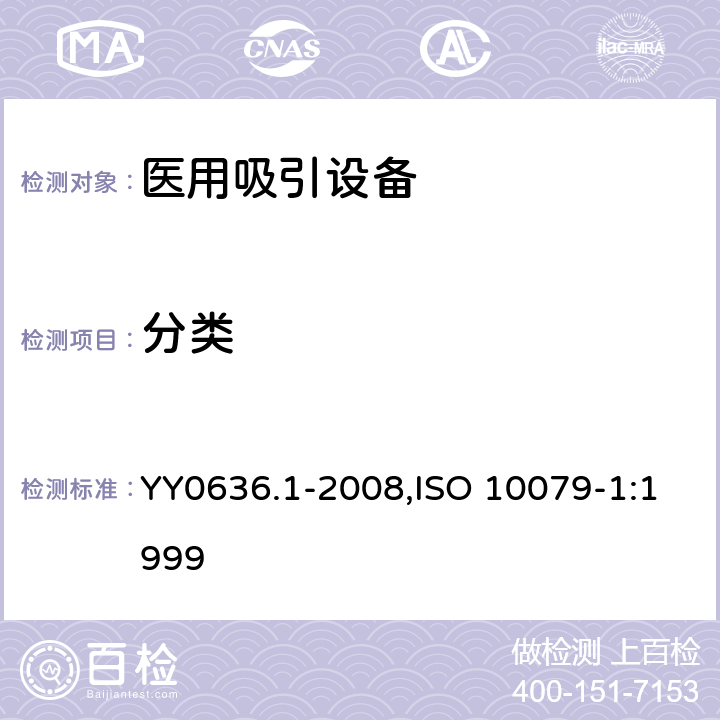 分类 ISO 10079-1:1999 医用吸引设备 第1部分：电动吸引设备 安全要求 YY0636.1-2008, 5