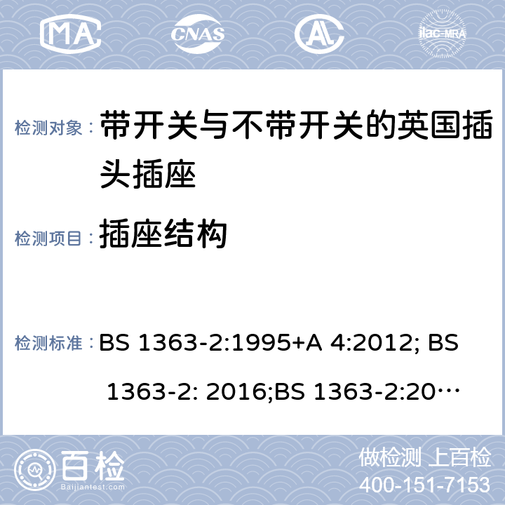 插座结构 13A 插头、插座、转换器和连接单元 第 2部分:含开关或不含开关插座规范 BS 1363-2:1995+A 4:2012; BS 1363-2: 2016;BS 1363-2:2016+A1:2018 13