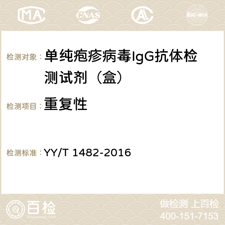 重复性 单纯疱疹病毒IgG抗体检测试剂（盒） YY/T 1482-2016 3.5