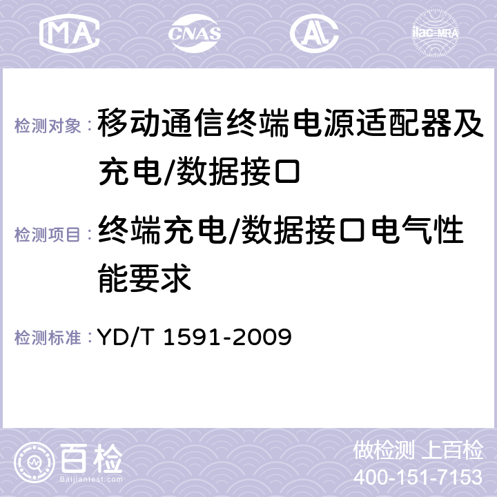 终端充电/数据接口电气性能要求 《移动通信终端电源适配器及充电/数据接口技术要求和测试方法》 YD/T 1591-2009 4.4.2.1