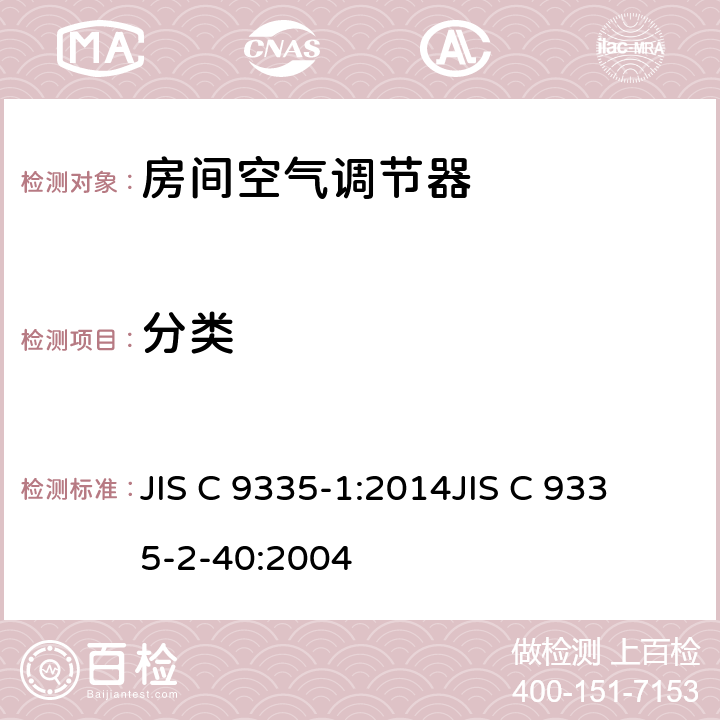 分类 家用和类似用途电器的安全
第1部分：通用要求
第2-40部分：热泵、空调器和除湿机的特殊要求 JIS C 9335-1:2014
JIS C 9335-2-40:2004 6