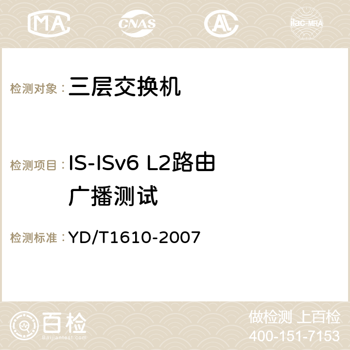 IS-ISv6 L2路由广播测试 IPv6 路由协议测试方法——支持IPv6 的中间系统到中间系统路由交换协议（IS—IS） YD/T1610-2007 7
