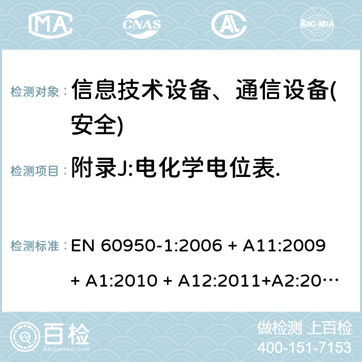 附录J:电化学电位表. 信息技术设备-安全 第1部分 通用要求 EN 60950-1:2006 + A11:2009 + A1:2010 + A12:2011+A2:2013 附录J