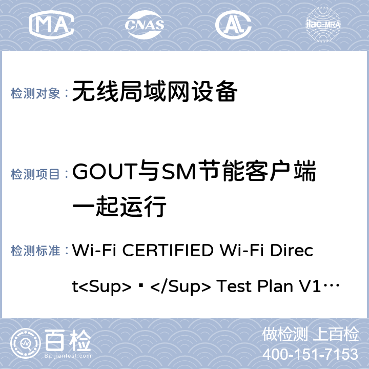 GOUT与SM节能客户端一起运行 Wi-Fi CERTIFIED Wi-Fi Direct<Sup>®</Sup> Test Plan V1.8 Wi-Fi联盟点对点直连互操作测试方法  6.1.16