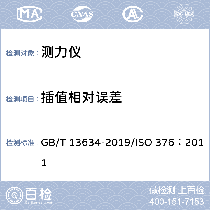插值相对误差 单轴试验机检验用标准测力仪的校准 GB/T 13634-2019/ISO 376：2011 7.5.2