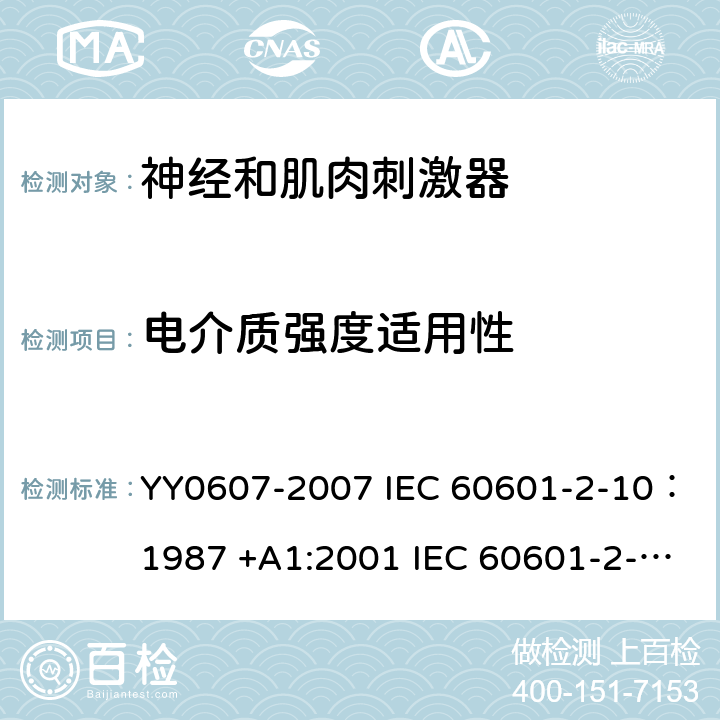电介质强度适用性 医用电气设备--第2-10部分：神经和肌肉刺激器的基本安全和主要性能专用要求 YY0607-2007 IEC 60601-2-10：1987 +A1:2001 IEC 60601-2-10:2012 IEC 60601-2-10:2016 EN 60601-2-10:2001 EN 60601-2-10:2015 20.2