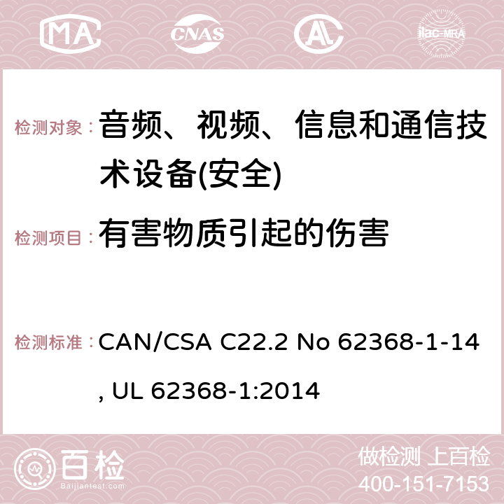 有害物质引起的伤害 音频、视频、信息和通信技术设备第1 部分：安全要求 CAN/CSA C22.2 No 62368-1-14, UL 62368-1:2014 第7章节