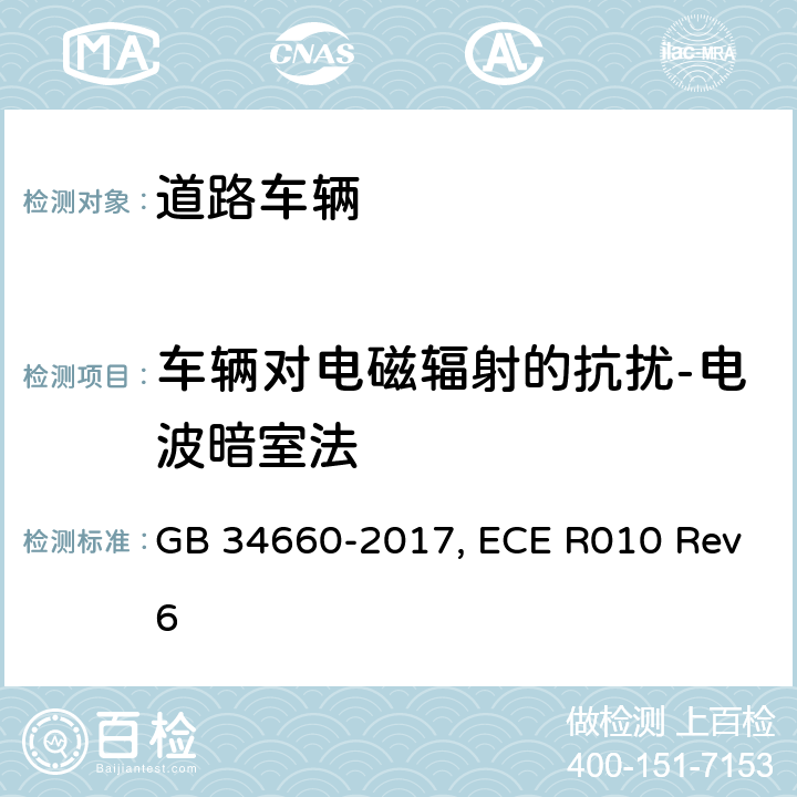 车辆对电磁辐射的抗扰-电波暗室法 道路车辆 电磁兼容性要求和试验方法 GB 34660-2017, ECE R010 Rev6 第4.4章, 附录6