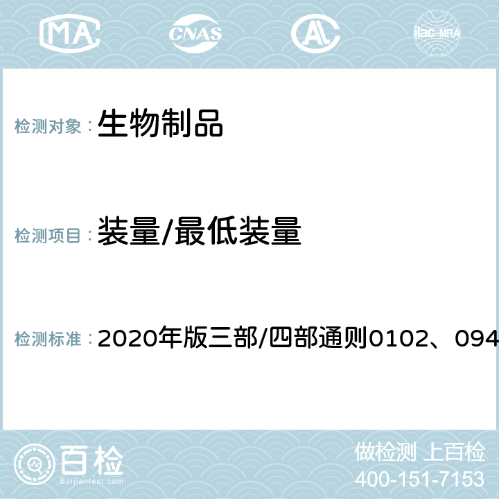 装量/最低装量 《中国药典》 2020年版三部/四部通则0102、0942