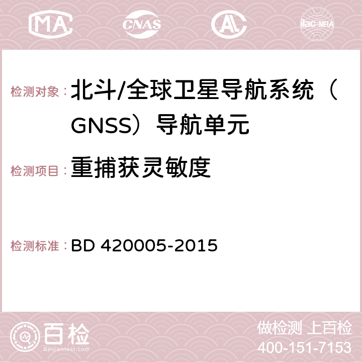 重捕获灵敏度 北斗/全球卫星导航系统（GNSS）导航单元 BD 420005-2015 5.4.7.2