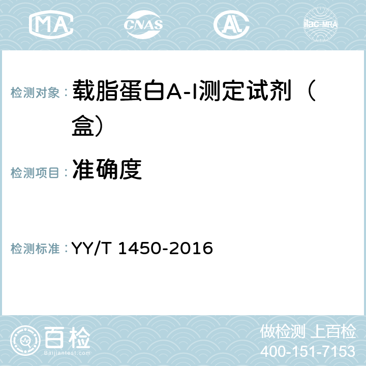 准确度 载脂蛋白A-I测定试剂（盒） YY/T 1450-2016 3.7