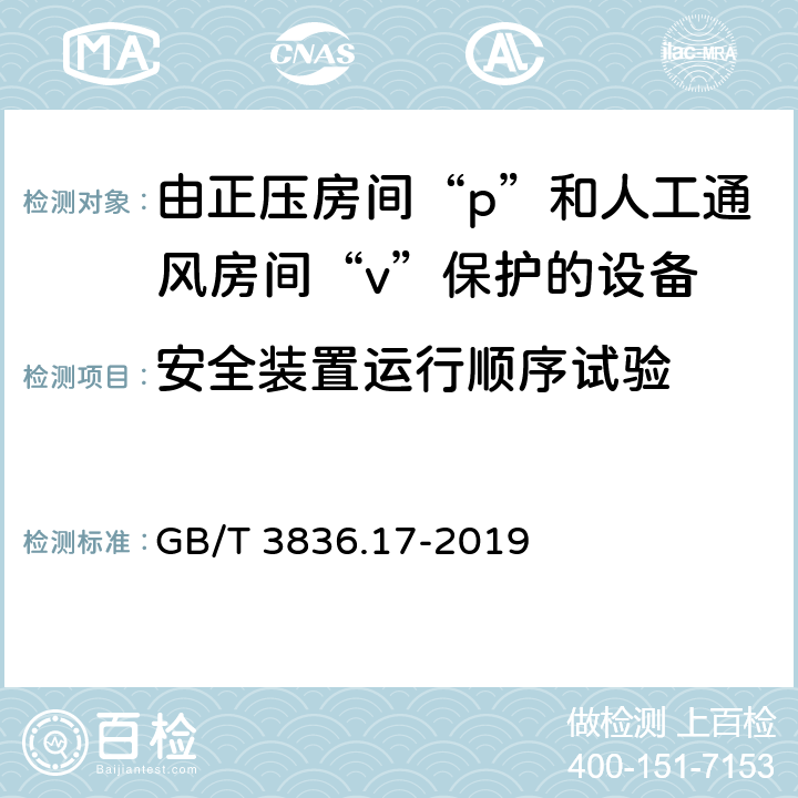 安全装置运行顺序试验 爆炸性环境 第17部分：由正压房间“p”和人工通风房间“v”保护的设备 GB/T 3836.17-2019 6.4.7