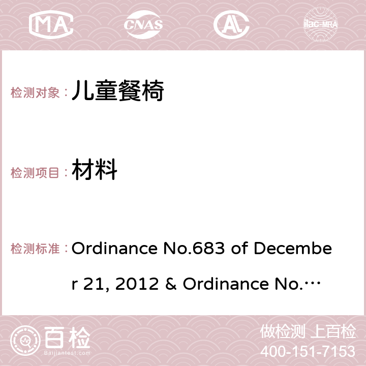 材料 Ordinance No.683 of December 21, 2012 & Ordinance No.227 of May 17, 2016 儿童餐椅的质量技术法规  5.1，6.1.2，6.1.4，6.2.4，6.2.6，6.2.7