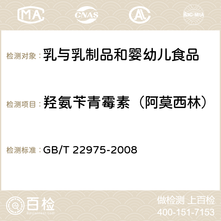 羟氨苄青霉素（阿莫西林） 牛奶和奶粉中阿莫西林、氨苄西林、哌拉西林、青霉素G、青霉素V、苯唑西林、氯唑西林、萘夫西林和双氯西林残留量的测定 液相色谱-串联质谱法 GB/T 22975-2008