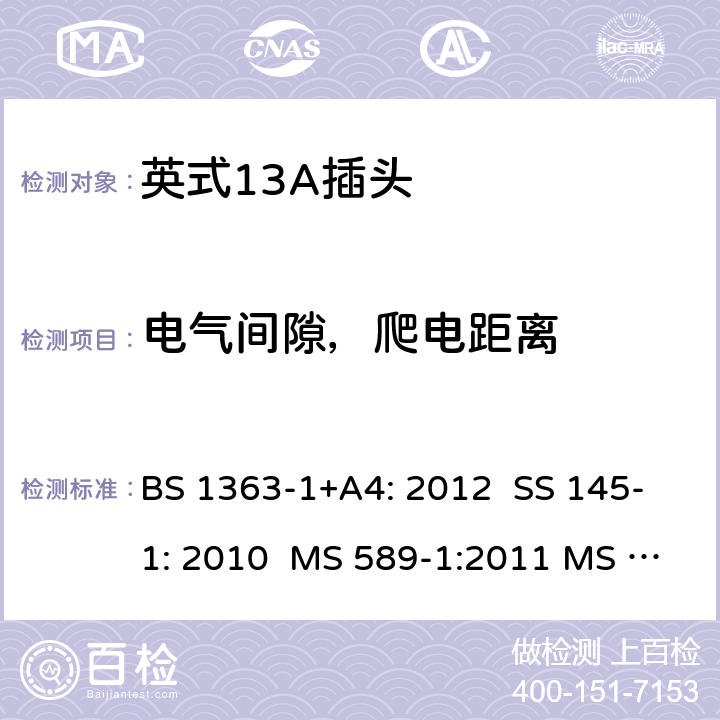 电气间隙，爬电距离 英式13A插头测试方法 BS 1363-1+A4: 2012 SS 145-1: 2010 MS 589-1:2011 MS 589-1: 2018 BS 1363-1: 2016+A1: 2018 SASO 2203:2018 8; 4.5