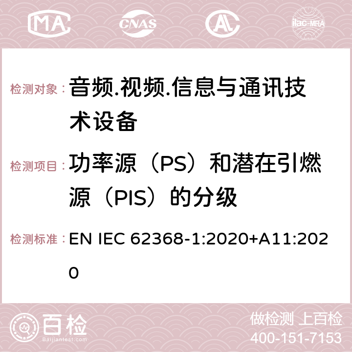 功率源（PS）和潜在引燃源（PIS）的分级 音频/视频、信息技术和通信技术设备 第1部分：安全要求 EN IEC 62368-1:2020+A11:2020 6.2