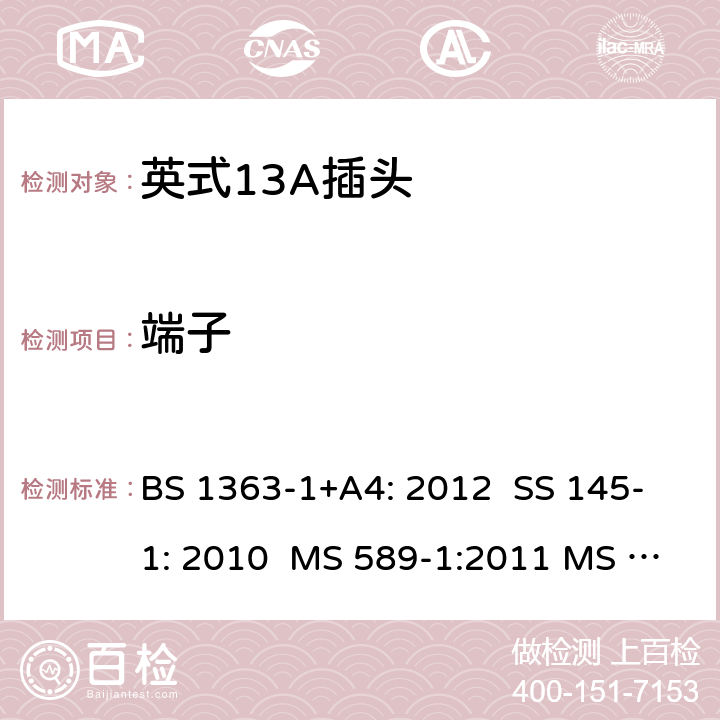 端子 英式13A插头测试方法 BS 1363-1+A4: 2012 SS 145-1: 2010 MS 589-1:2011 MS 589-1: 2018 BS 1363-1: 2016+A1: 2018 SASO 2203:2018 11; 4.2