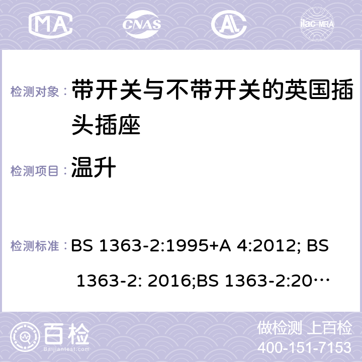 温升 13A 插头、插座、转换器和连接单元 第 2部分:含开关或不含开关插座规范 BS 1363-2:1995+A 4:2012; BS 1363-2: 2016;BS 1363-2:2016+A1:2018 16