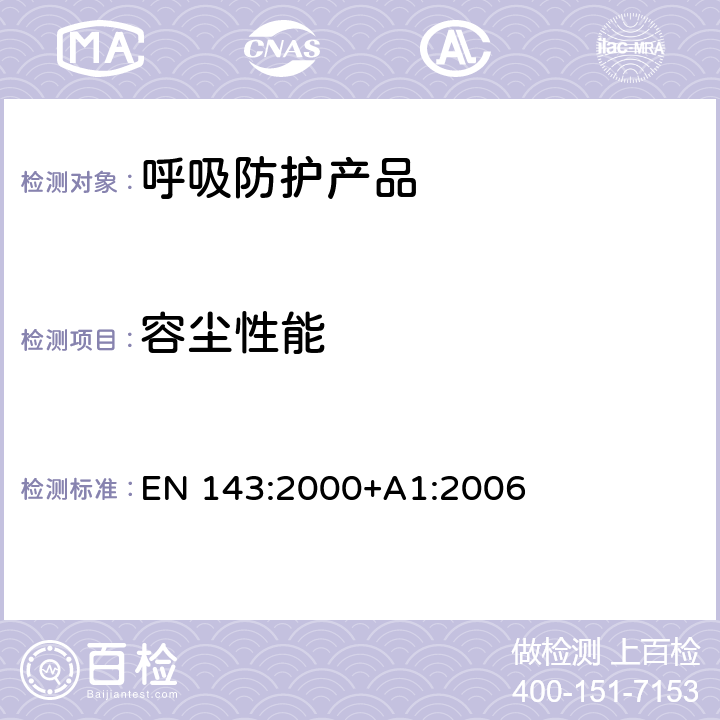 容尘性能 呼吸保护装置—颗粒物过滤器的要求、检验和标识 EN 143:2000+A1:2006 8.6